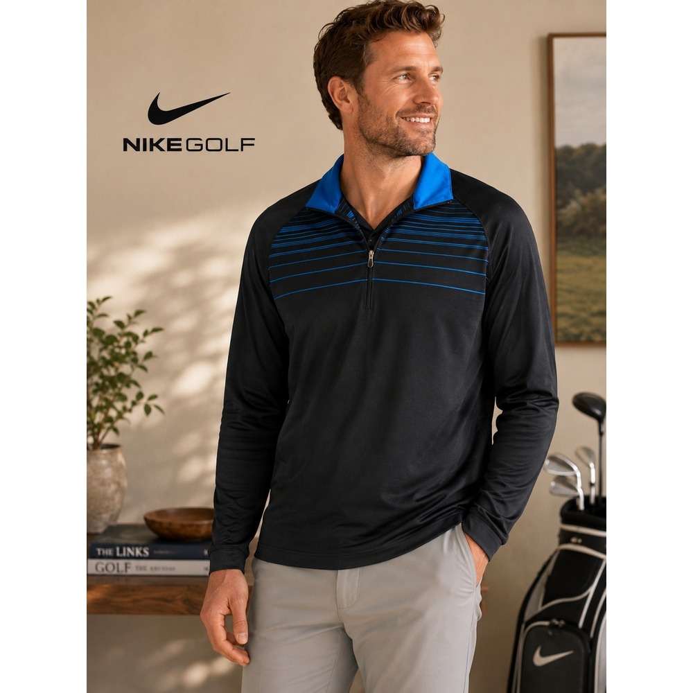 Nike Golf Dri-FIT Mens Large Black Blue Striped Quarter Zip Pullover Long Sleeve